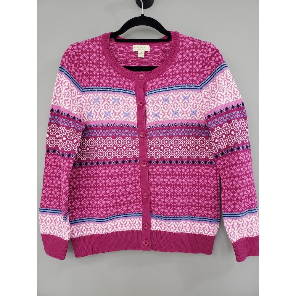 Appleseeds Vintage Fair Isle Cardigan Sweater Pink Rhinestone Petite Medium PM